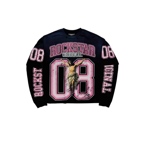 Fields Black/Pink Double Layer Distressed Long Sleeve Graphic T-Shirt