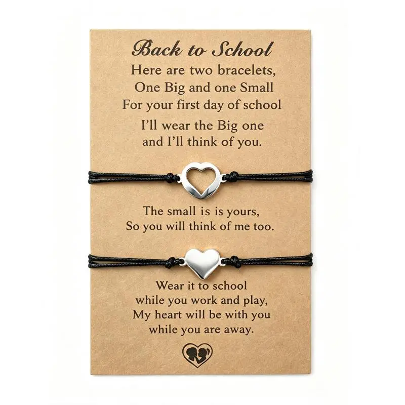 Virelyn B Back to School Matching Bracelet Set Mother Daughter, Heart Wish Friendship Bracelets for Mom, Women, Girls and Kids, Adjustable Cord Bracelet, Mommy and Me Jewelry, First Day of School Gift