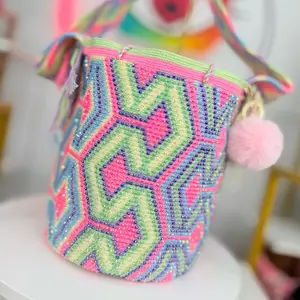 Large Handmade Wayuu Bucket Bag (11” H x 12” W, 40” Strap) – Pastel Boho Crossbody, Pink Mint & Lavender Rhinestone Mochila