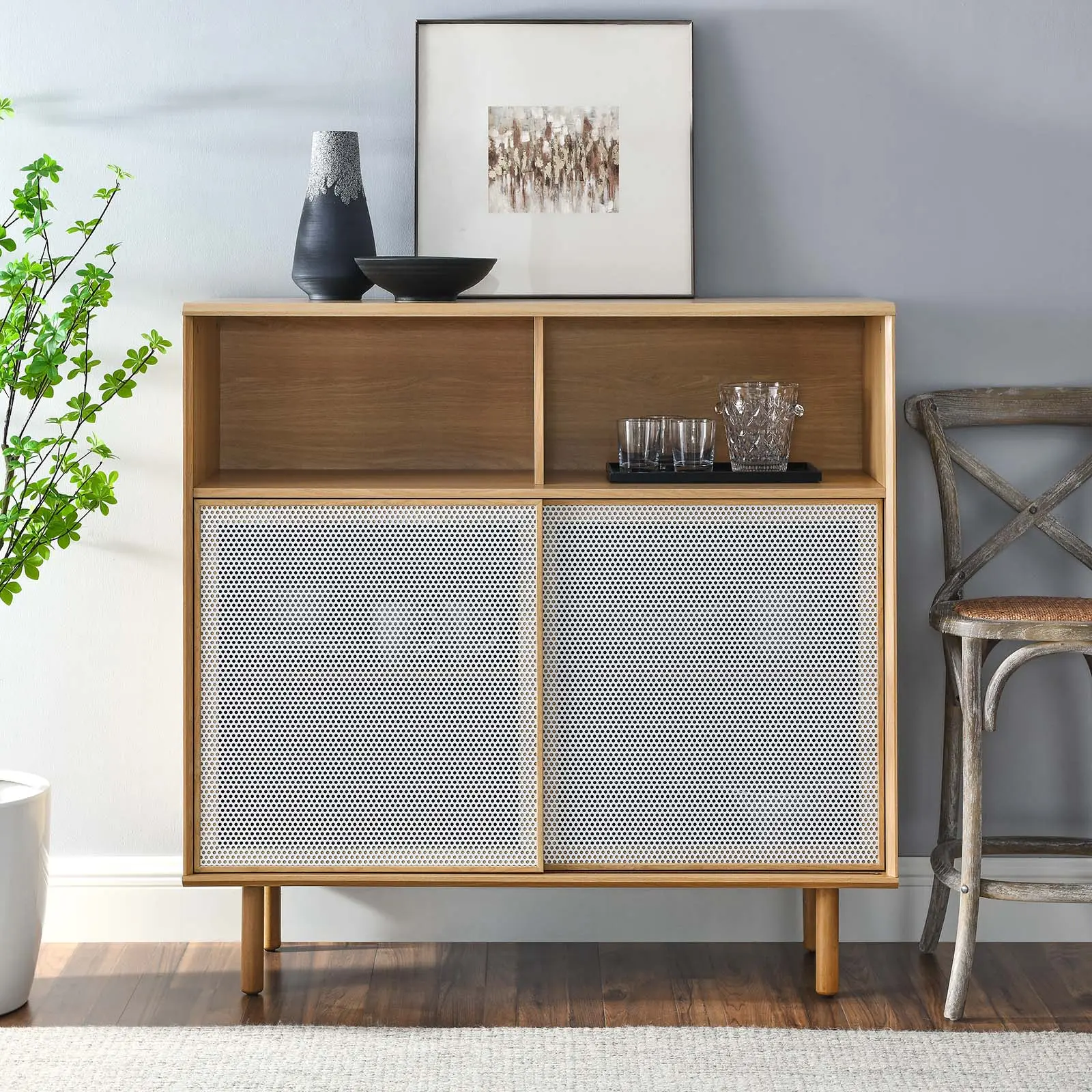 Modway Kurtis 47" Oak Display Cabinet, Indoor Furniture Cupboard with Sliding Doors, MDF Wood Construction, Mesh Panels
