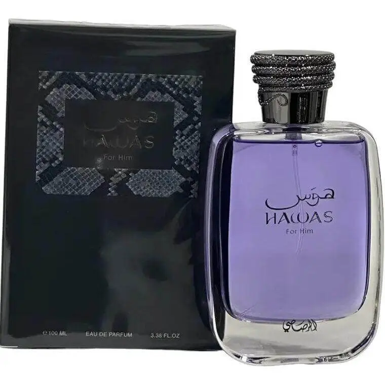 Rasasi Hawas for Him EDP Spray, Men's 3.38 fl oz Woody Aromatic Cologne Scent with Musk & Fruity Notes, Fresh Fragrance, New in Box