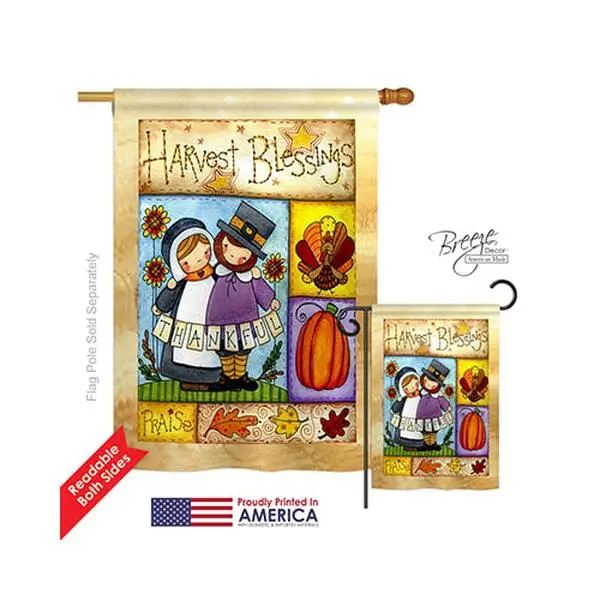 Breeze Decor 13057 Thanksgiving Thankful Pilgrims Double-Sided Vertical Artwork House Flag, 28x40in Eco-Friendly Weather-Resistant Polyester, Fabric Banner Festive Flags for Home Decoration