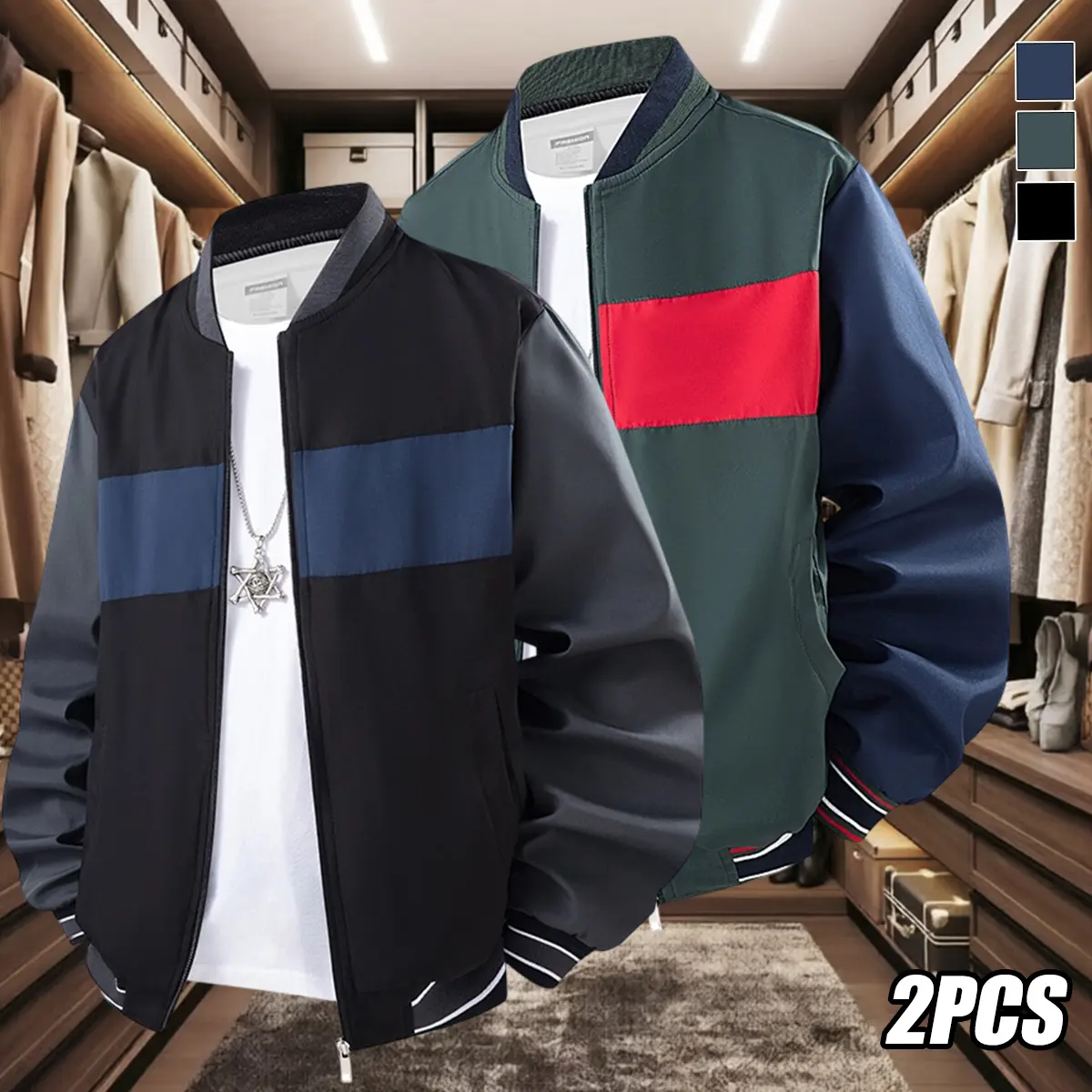 Men's 2-Pack Color-Block Baseball Jackets, Lightweight Windproof Polyester Tops for Casual Streetwear and Hiking, Menswear, Coats