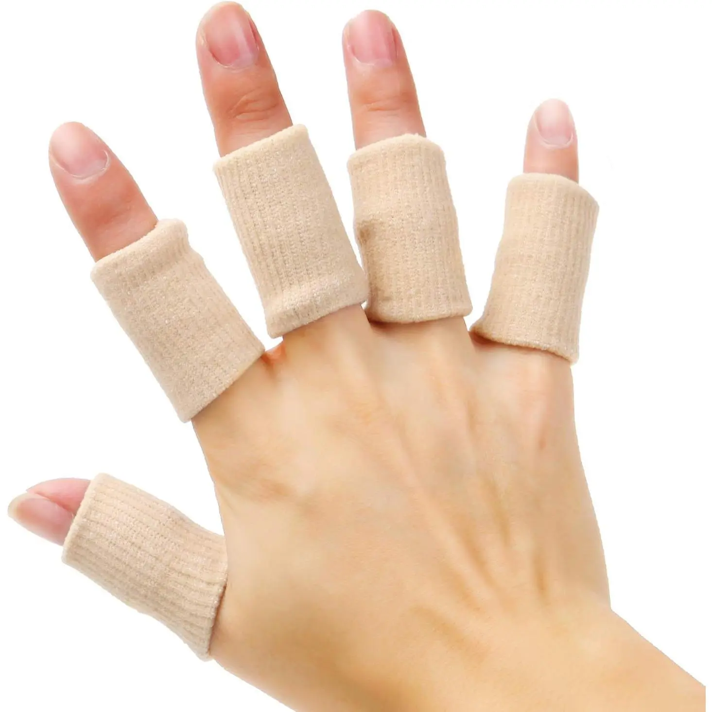 20-Piece Elastic Finger Compression Sleeves - Flexible, Breathable, Compressible Finger Protectors & Thumb Splint Brace for Arthritis Pain Relief, Basketball, Badminton (Beige, Hand Washable)
