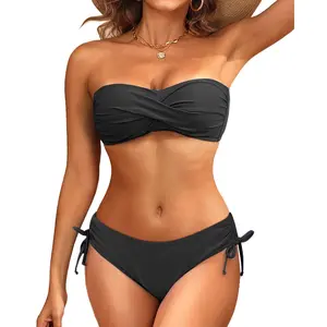 Tempt Me Women's Strapless Bandeau Bikini Set - Twist Front Two Piece Swimsuit Top with Side Tie Bathing Suit Bottom  SwimWeek  summervibes