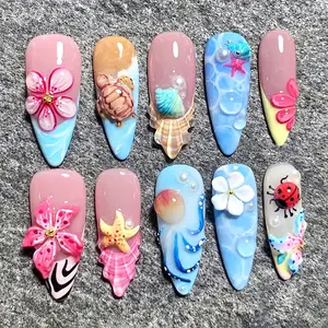Set of 30 3D Ocean And Floral Almond-Shaped Fake Nails Featuring Turtles, Starfish, And Shells