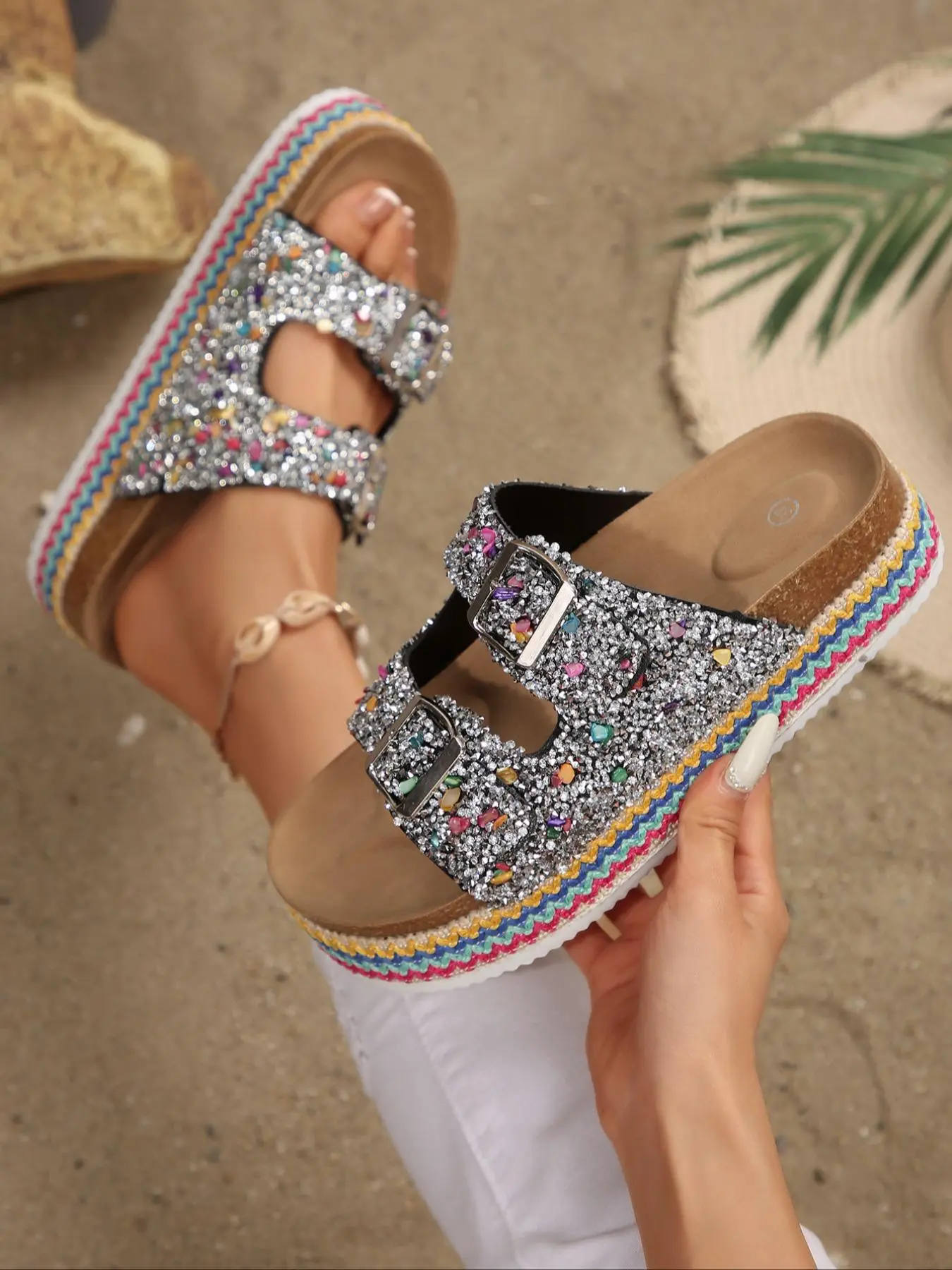 Women's Fashionable Rhinestone Decorated Slides, Embellished Platform Sandals, Casual Trendy Sandals, Casual Comfortable Platform Slippers for Beach, Lightweight Breathable Shoes for Daily Wear, Girl, Fashionable Comfy Sandals