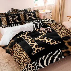 Monogram R Duvet Cover Set, Minimalist Black Animal Print, 1 Duvet Cover + 1/2 Pillowcases, No Filler, Sleek Leopard Patchwork With Zebra Details, Soft All Season Bedding For Modern Neutral Bedroom Decor
