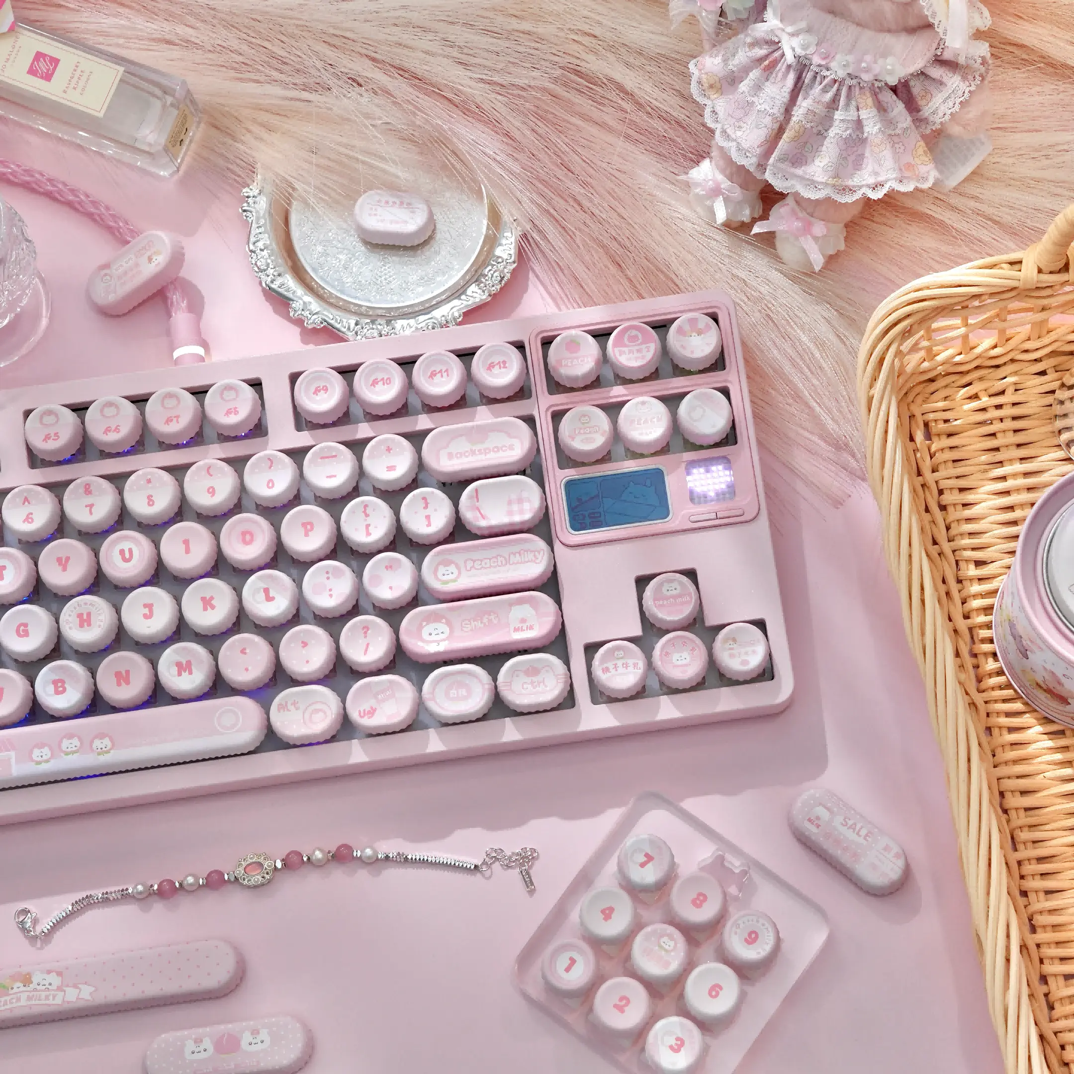Maorbeng NOG Profile Vibrant White Peach Milk PBT Keycaps, 5-Side Print Dye Sublimation, Round Bun Shape, Cross Stem, Non-Shine Through for Mechanical KBs