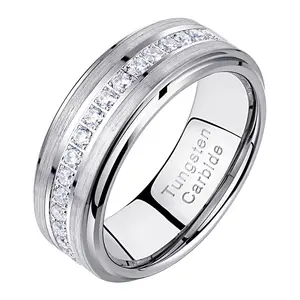 Men's Wedding Band Brushed Finished Tungsten Carbide Promise Rings for Men Charm Half Eternity Round Zircon Jewelry TRX058 #Love Story
