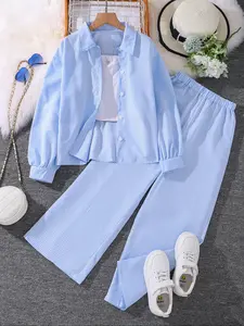 Youth Girls' Fall Striped Long Sleeve Top & Pants Set, Two-Piece Casual for Outdoor Activities, Vacation Wear Perfectly