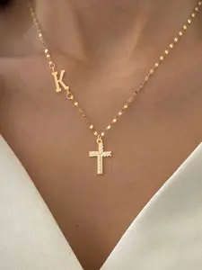 Women's Zircon Cross Initial Pendant Necklace, Stainless Steel Lip Chain Design, Elegant Jewelry Accessory for All Occasions