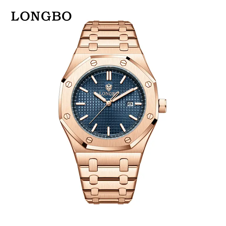 Men's Rose Gold Octagonal Fashion Watch - Blue Grid Dial, Brushed Metal Band, Sleek Modern Design,  Timeless Accessory for Casual & Formal Occasions