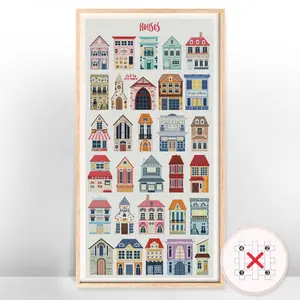 House Pattern Cross Stitch Kit, 11CT Cross Stitch Printed Canvas Building Needlework Craft, DIY Cross Stitch Kit for Beginner