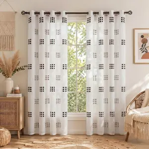 2 Pieces Elegant Cut Flower Curtains with Two-tone Nine-grid Pattern, 52x84 Inch Grommet Top Curtains, Stylish Window Drapes for Bedroom, Living Room and Home Decoration CT278