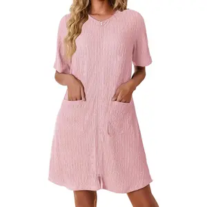 Women Zipper Robes Knit Short Bathrobe Lightweight House Coat with Pockets Soft Nightgown S-XXLGift