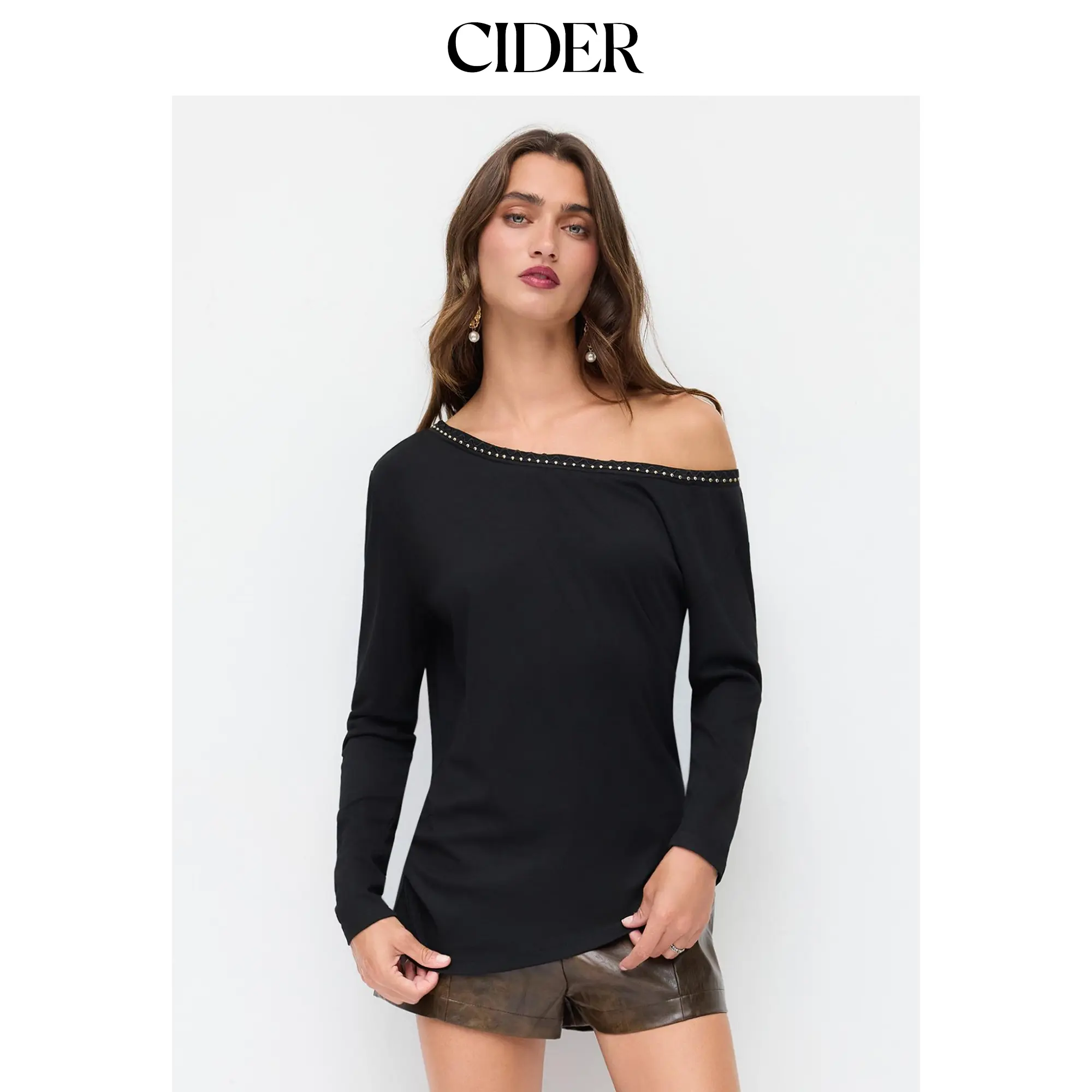 Cider Asymmetrical Neck Rivet Detail Long Sleeve Top