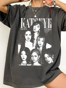 Women's T-shirt with KATSEYE retro style, Streetwear Vintage pattern printed black short sleeved made of pure cotton casual round neck regular version, comfortable and suitable for all seasons, daily wear, holiday gifts, Womenswear
