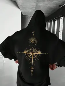 Men's Hot Selling Hooded Sweatshirt, Compass Print Design, Chest Pocket & Drawstring, Long Sleeve Loose Fit, Casual Fall Winter Wear