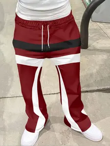 Men's Fashion 3D Burgundy Striped Print Bell Bottoms, Loose Casual Pocket Drawstring Pants, Streetwear Hip Hop Vintage Long Trousers