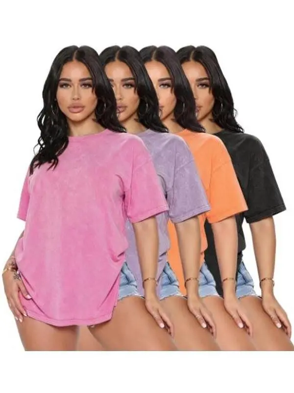 Women's Basic T-Shirts, 4-Pack Casual Loose Fit Tops, Solid Color Distressed Wash Short-Sleeve Round Neck