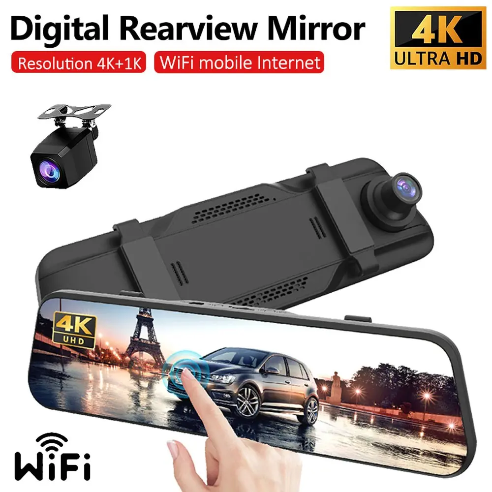 4K WiFi Digital Rearview Mirror Dash Cam with 9.7'' IPS Touch Screen, Front and Rear Dual Camera, Type-C Backup Camera for Cars & Trucks, Dashcam for Cars, Automotive Dashcam, Touchscreen Dash Cam