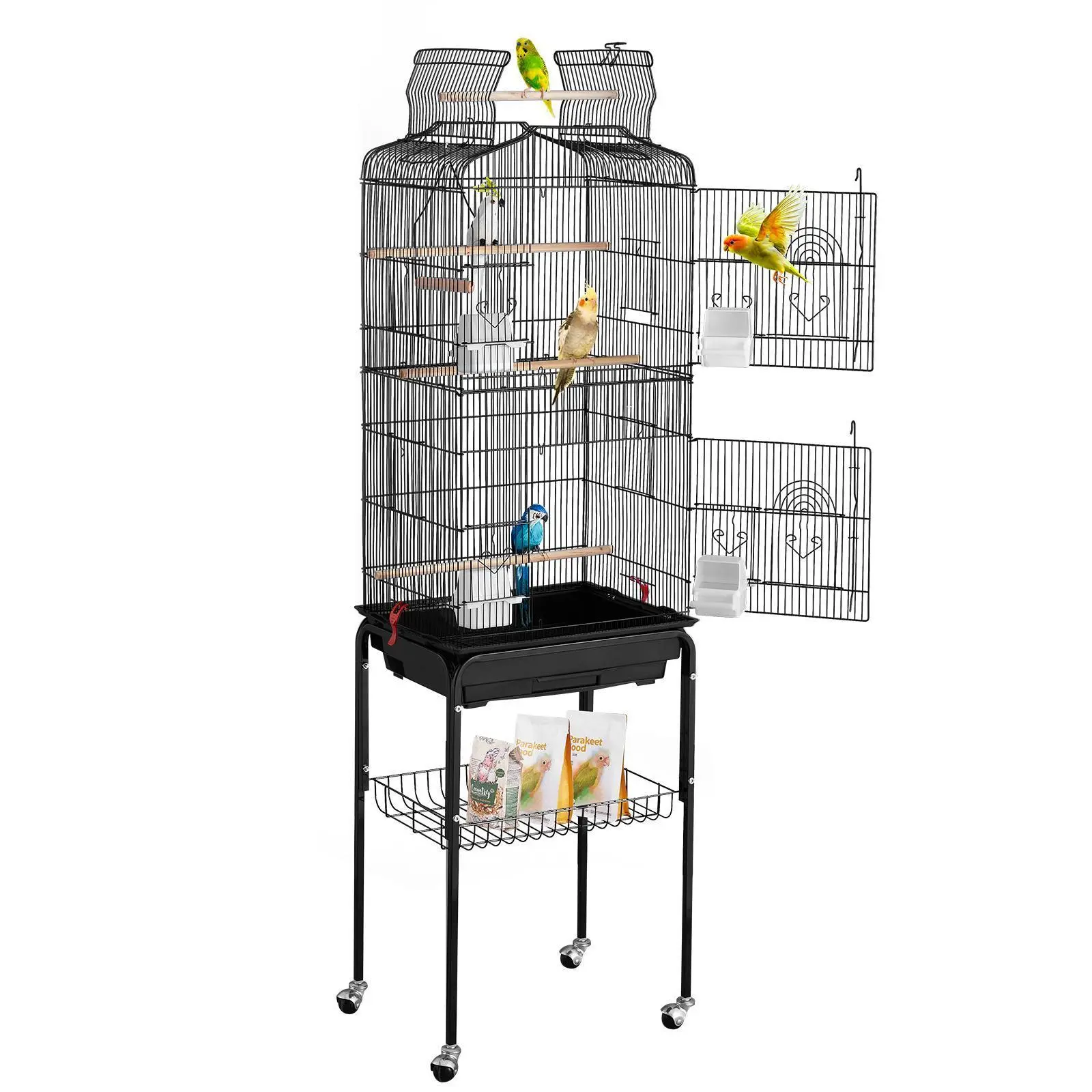VEVOR 62 in Coated Metal Open Top Bird Flight Cage - Rolling Stand, Removable Tray, 4 Perches, 4 Feeders, 17.99x13.98x59.45 in, Perch Bird Cages & Houses for Cockatiels, Suitable for Different Environments#BacktoSchool