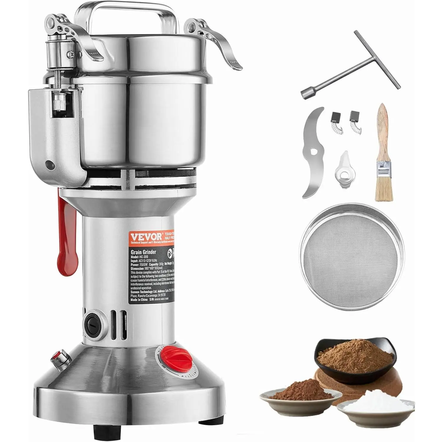 Spring New Arrivals 300g 1500W High-Speed Electric Grain Mill Grinder Kit, Stainless Steel Pulverizer with Sieve, Cleaning Brush, 0-5 Min Timer, 28000(r/min), Commercial Straight-Type Machine for Dry Grains, Spices, Kitchens