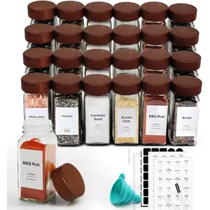 24 count  Jars, 4oz Seasoning Containers with Acacia  Shaker , Glass  Bottles with Labels, Square Seasoning Organizer, Kitchen  Container