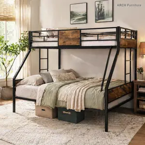 ARCH Twin Over FULL Metal Bunk Bed with 2 - Side Ladder and Full-Length Guardrail, No Box Spring Needed, Large Under Bed Storage, Easy Assemble , Black & Brown