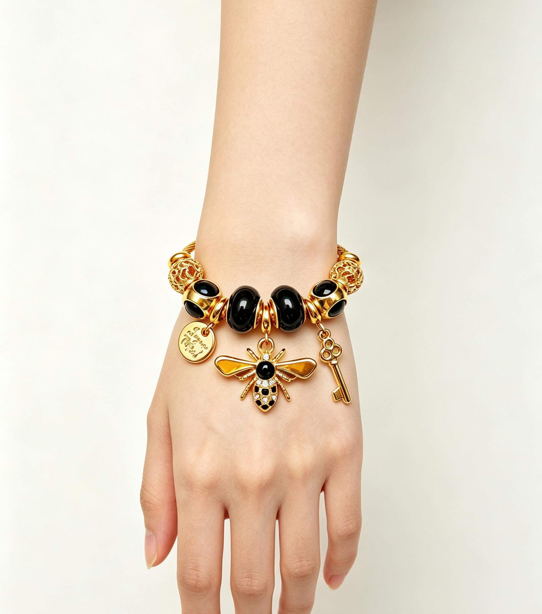 Gold Bee Charm Bangle Bracelet for Women, Adjustable Cable Wire Open Cuff Bracelet with Key & Coin Pendant, Fashion Multicolor Beaded Jewelry Gift