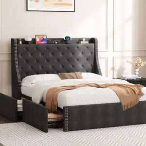 Gaomon Queen Gray Upholstered Queen Bed Frame - Wingback Headboard with Charging Station, 4 Storage Drawers, Diamond Stitched Button Tufted Design, No Box Spring Needed