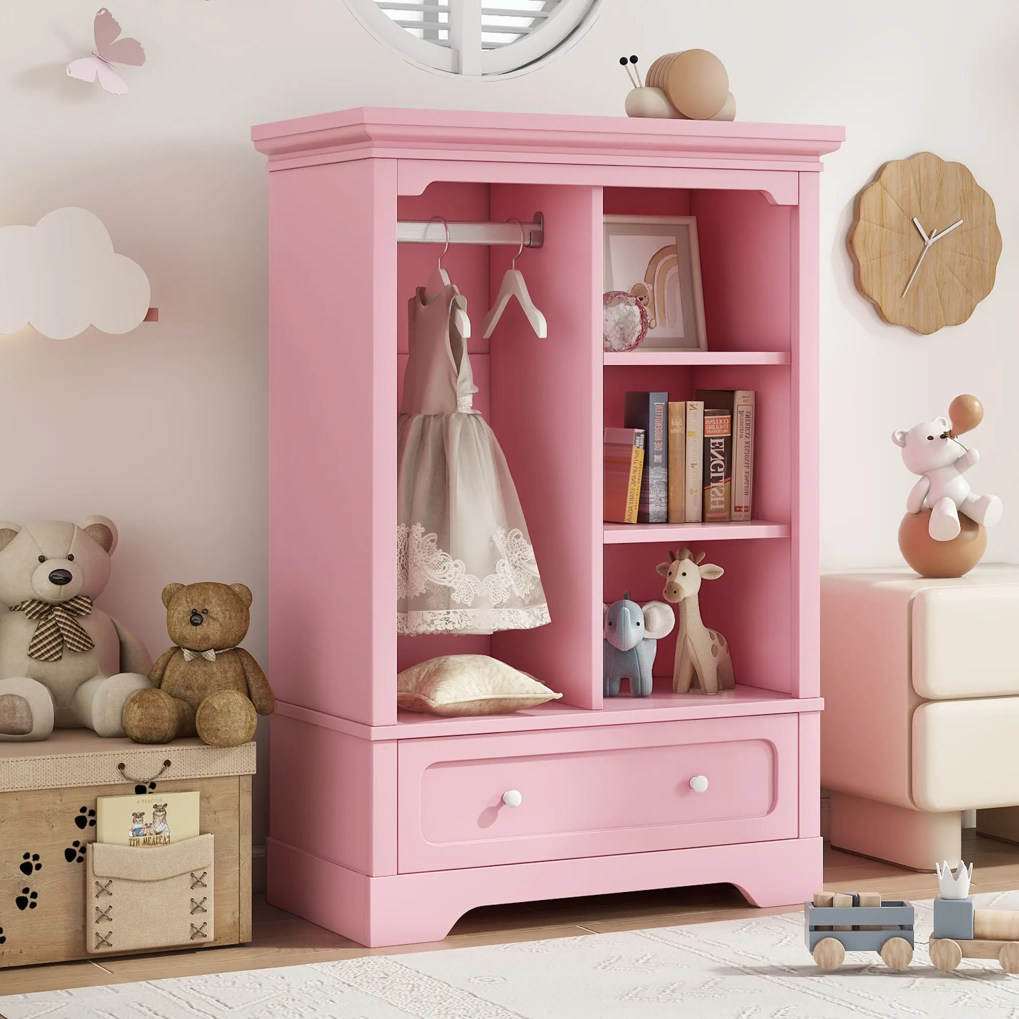 DOMISO Pink Children's Wardrobe with a Hanging Rod and Shelves, Storage Cabinet with One Large Drawer, Low Design Close to the Ground for Easy Access