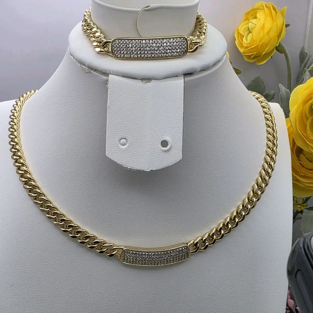 # 0391 14k Gold Plated High-Quality Diamond-Accented Cuban Link Jewelry Set, Suitable for Daily Wear or Gifting Occasions