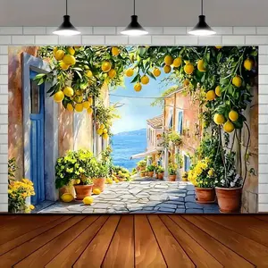 Amalfi Coast Lemon Tree Photography Backdrop, Vibrant Mediterranean Lemon Tree with Seaside Scenery for Weddings & Parties, Durable Polyester Material for Kitchen Decor