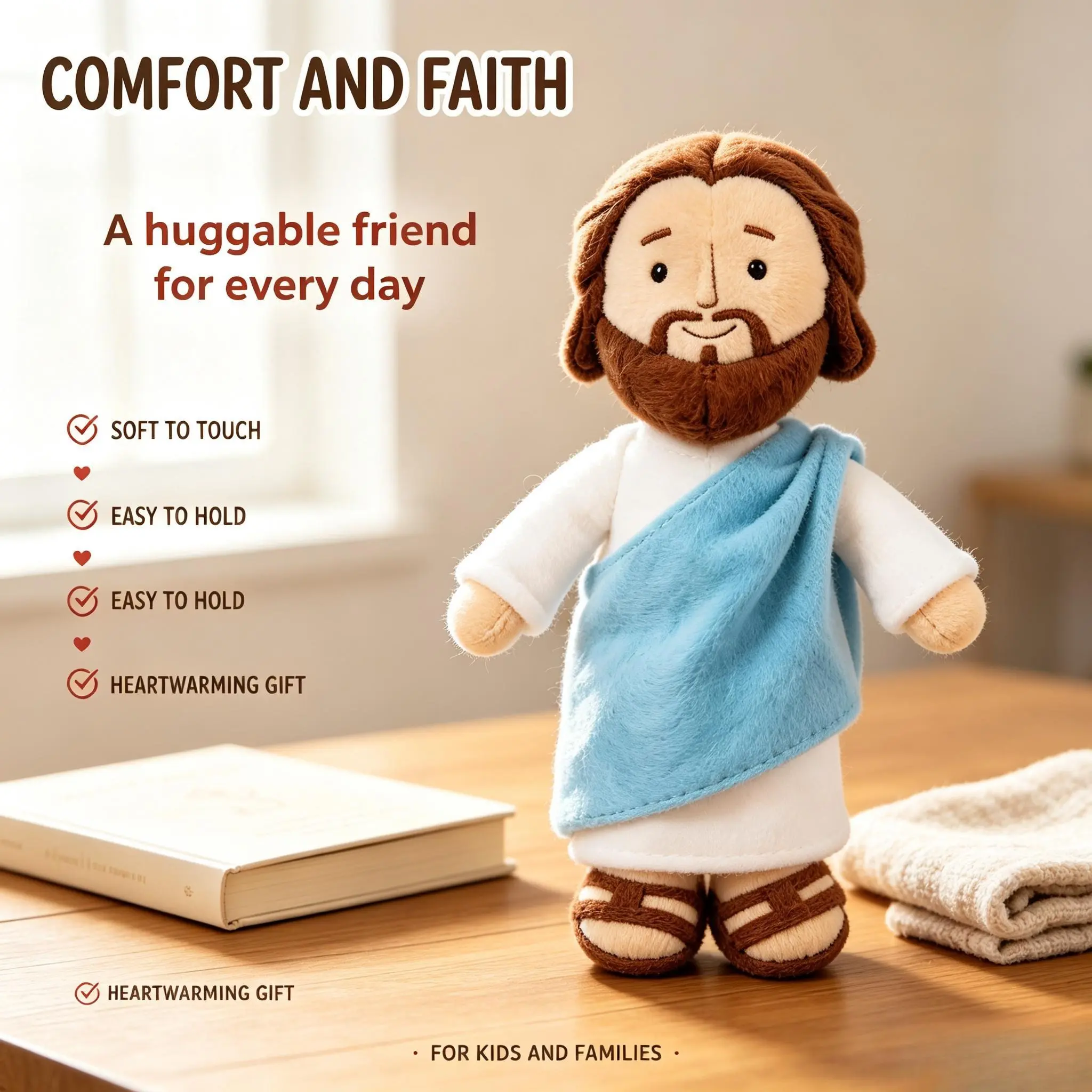 Christian Plush Jesus Doll with Embroidered Face, Plush Fabric Religious Stuffed Animal, Faith-Themed Gift for Toddlers+, Home Decor Ornaments for Birthday Christmas Sunday School Bible Supplies, Jesus Mini Figures