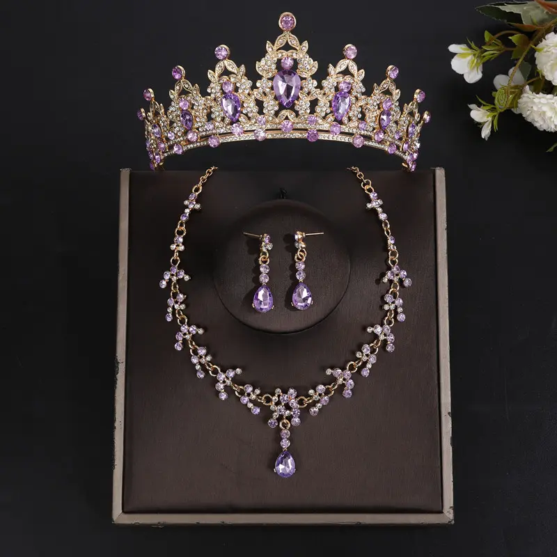 Golden light purple crown+necklace+earri