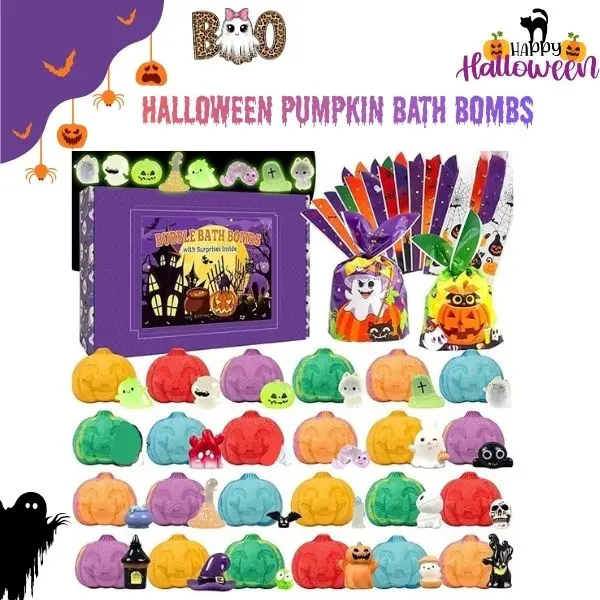 24PCS Halloween Pumpkin Bath Bombs with Surprise Toys Inside for Kids, Bubble Bath Bomb Gift Set, Fruit Scented Party Favors, Treat Bags