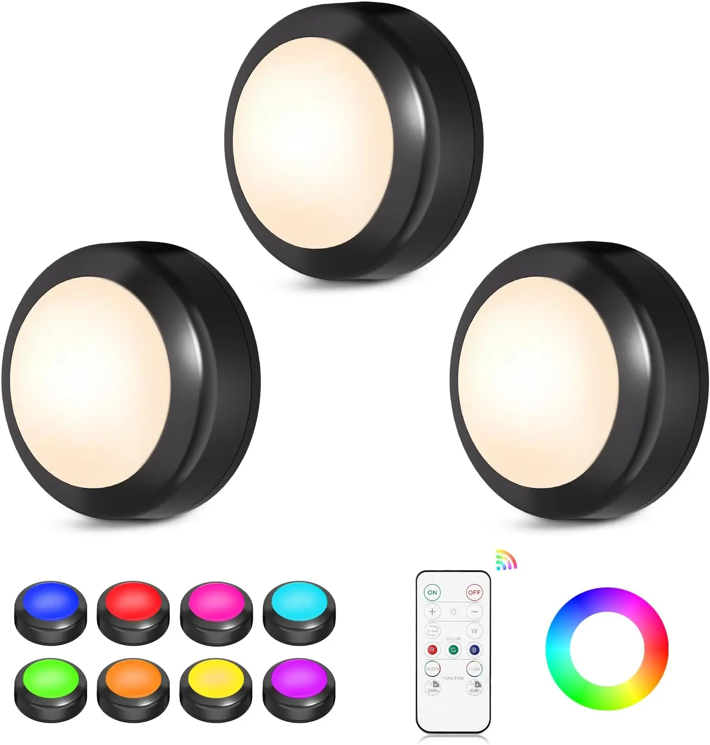 3 Pack Black LED Puck Lights with Remote Control, 16 Color Changing, Dimmer, Multi-Mode, Timer-Based, AAA Battery Operated for Kitchen, Closet