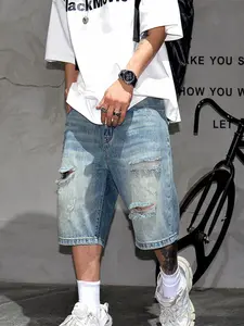 Men's Denim Jeans Trendy Streetwear Light Wash 2026 New Fashion Versatile Short Pants Loose Fit Ripped Raw Hem Mid-Thigh Shorts, Casual Button Fly Style Denim Clothing