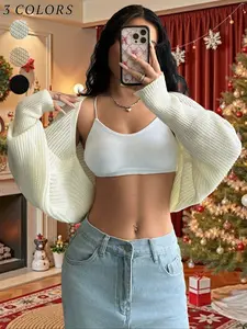 Women Open Front Ribbed Knit Crop Bolero Drop Shoulder Long Sleeve Solid Loose Fit Knitted Crop Cardigan Shrug Knitwear