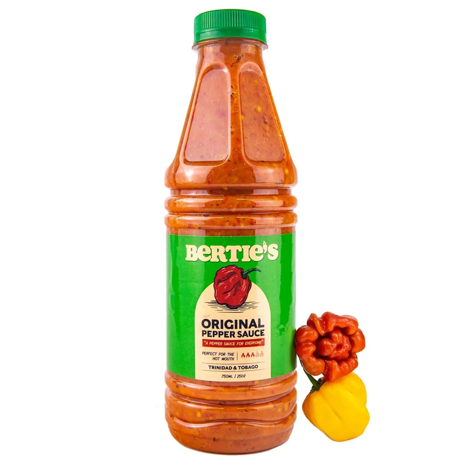 Trinidad's Berties Original Pepper Sauce (26 Oz/750ml) Great Flavour And Heat | Made With Fresh Moruga Red And Scotch Bonnet Yellow Peppers