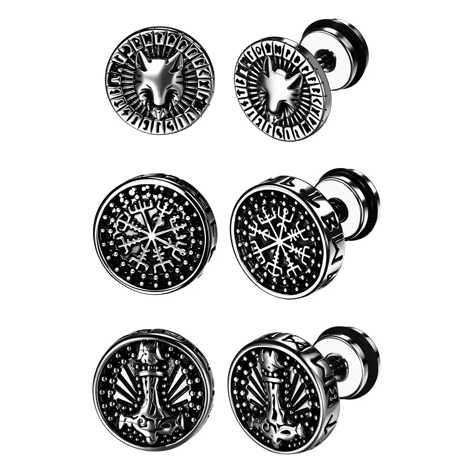 OIDEA Norse Warrior Spirit Earrings for Men, 3-Pair 316L Stainless Steel Viking Stud Set with Wolf, Thor's Hammer & Rune, Goth Jewelry Gift for Christmas, Father's Day, Brothers, Birthday, Skin Friendly, Rune Compass, Animal, Bold Statement, Goth Party