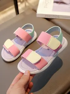 Girl's Colorblock Velcro Adjustable Strap Sandals, Casual Comfortable Non-slip Sandals for Summer, Lightweight Breathable Shoes for Daily Wear