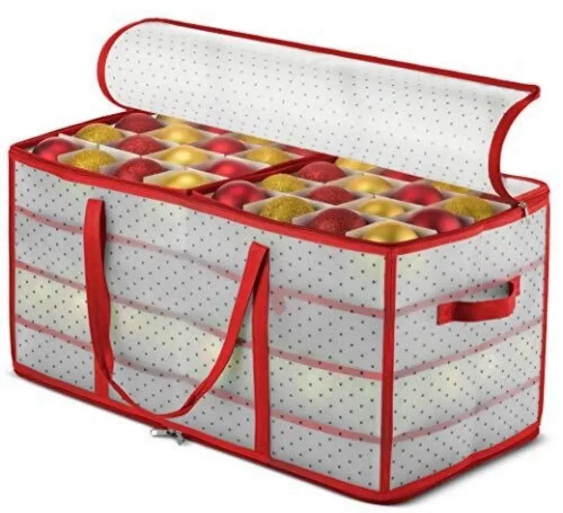 Christmas Ornament Storage Box 2-Sided Dual-Zipper 128 Ornaments (26x13") Red