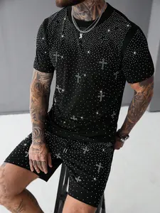 Men's Rhinestone Cross Tee Shorts Set, High Street Luxe Sparkle, Premium Stretch Fabric, Slim Fit, Casual Streetwear