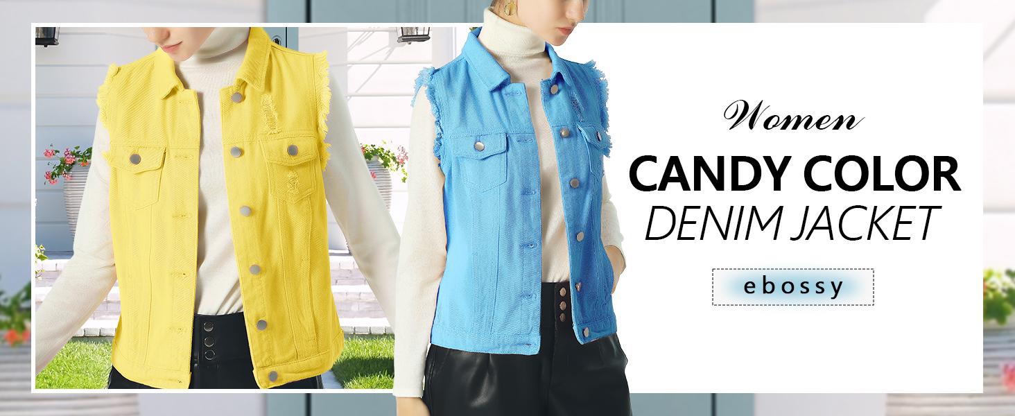 Ebossy Women's Candy Color Slim Fit Sleeveless Distressed Denim Jean Vest Jacket with Button-Flap Chest Pockets & Side Seam Pockets Ebossy Women's Candy Color Slim Fit Sleeveless Distressed Denim Jean Vest Jacket with Button-Flap Chest Pockets & Side Seam Pockets