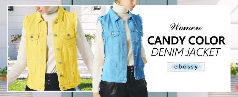 【New Arrival】Ebossy Women's Candy Color Slim Fit Sleeveless Distressed Denim Jean Vest Jacket with Button-Flap Chest Pockets & Side Seam Pockets