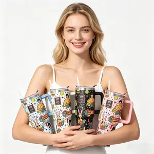 1 Count 40 oz Insulated Tumbler with Handle & Lid, Double-Wall Leak-Proof Stainless Steel Travel Mug, Keeps Drinks Hot for 12h and Cold for 24h, Cartoon Burger Family Print Cup, Large-Capacity Thermal Flasks for Iced Coffee & Water, Gift for Women & Men