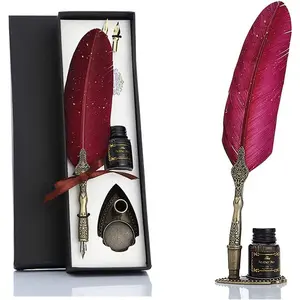 Feather Decor Dip Pen with 1 Black Ink & 2 Replacement Nibs, 1 Set Vintage Multipurpose Writing Tool for Calligraphy & Art, Smooth Writing Pen